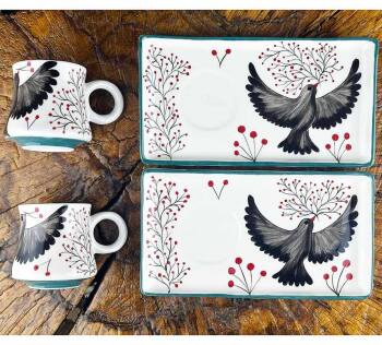 Barış Kuşu Desenli İznik Kahve Sunum Seti – Minimal Hediyelik - Çini Evi