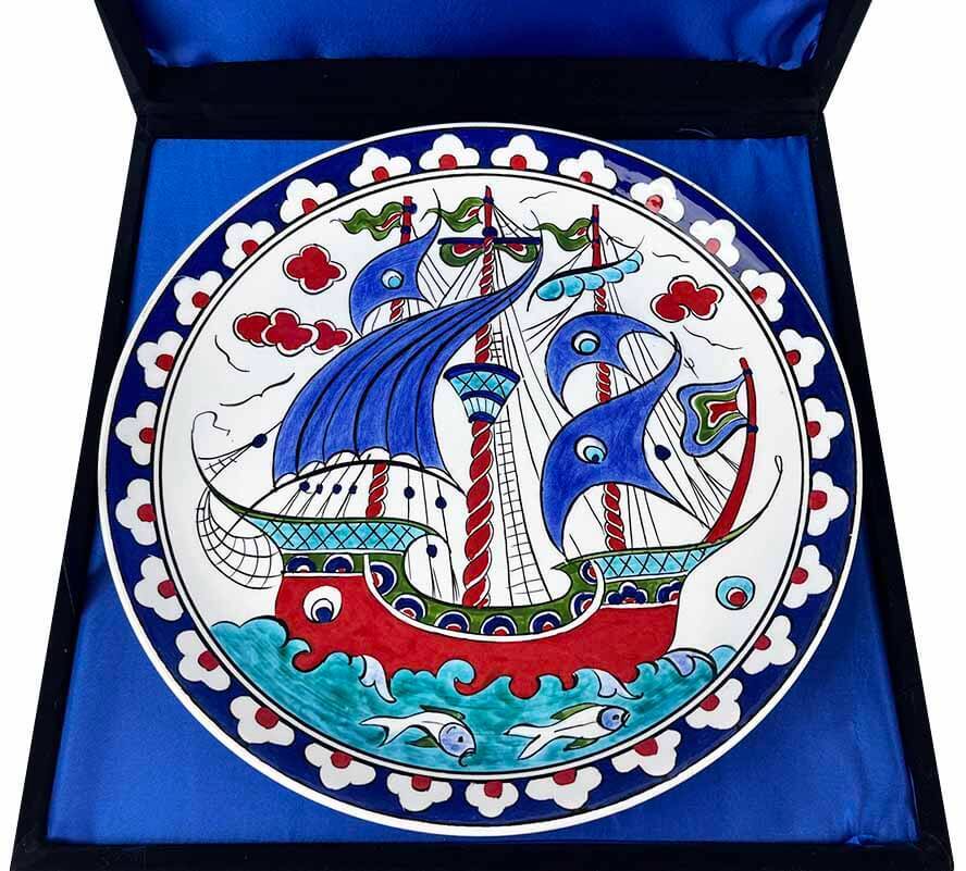 Blue-Sailed Galleon Iznik Ceramic Plate - 2