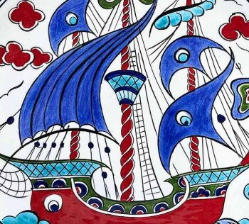 Blue-Sailed Galleon Iznik Ceramic Plate - 3