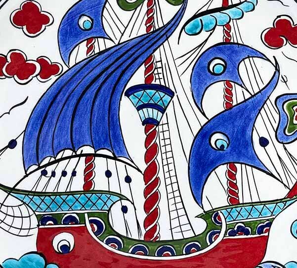 Blue-Sailed Galleon Iznik Ceramic Plate - 3