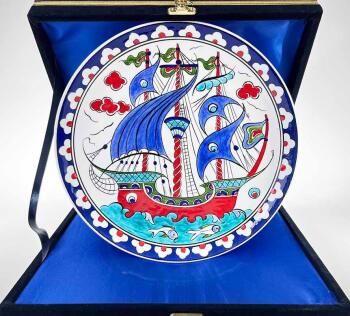 Blue-Sailed Galleon Iznik Ceramic Plate - Çini Evi