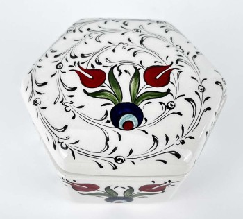 Boîte de Bureau Hexagonale en Céramique à Tulipe Rouge & Motifs Haliç - Çini Evi