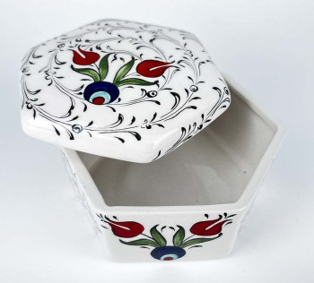 Boîte de Bureau Hexagonale en Céramique à Tulipe Rouge & Motifs Haliç - 2