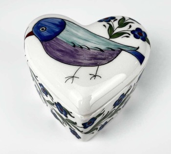 Boîte Cœur en Céramique à l’Oiseau Bleu & Fleurs – Cadeau Artisanal - 1