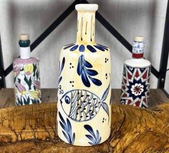 Bouteille à huile artisanale à motif de poisson Brise Marine 550 ml - Çini Evi
