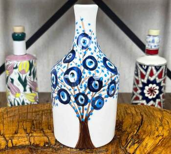 Bouteille à huile d’olive artisanale à motif Arbre de Vie et œil Nazar 410 ml - Çini Evi