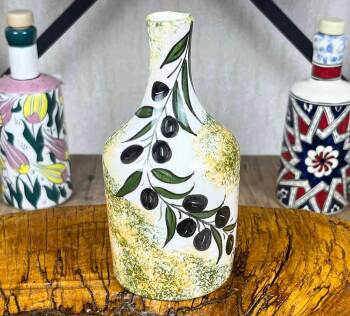 Bouteille à huile d’olive artisanale à motif de branche d’olivier sur fond naturel 410 ml - Çini Evi