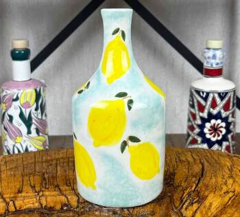 Bouteille à huile d’olive artisanale à motif de citron 410 ml - Çini Evi