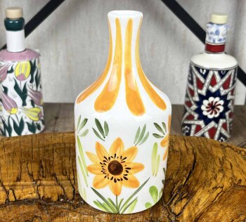 Bouteille à huile d’olive artisanale à motif de tournesol 410 ml - Çini Evi