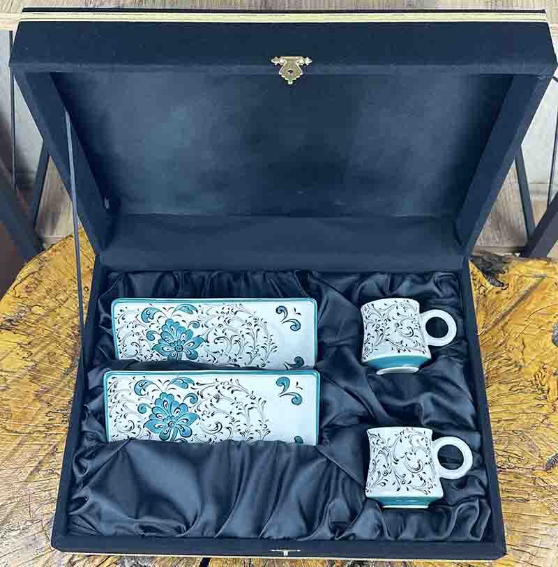 Iznik-Kaffee-Präsentationsset mit türkisfarbenem Seerosenmotiv – Besondere Auswahl - 4