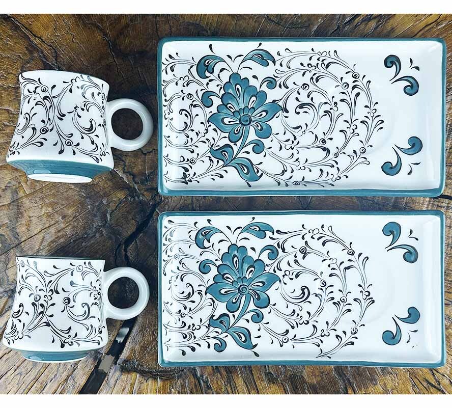 Iznik-Kaffee-Präsentationsset mit türkisfarbenem Seerosenmotiv – Besondere Auswahl - 1