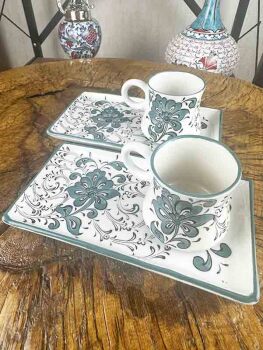Iznik-Kaffee-Präsentationsset mit türkisfarbenem Seerosenmotiv – Besondere Auswahl - 2