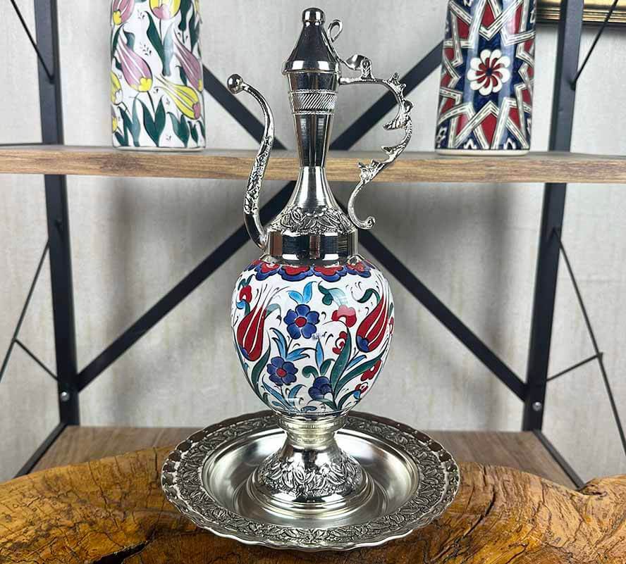 Geleneksel Lale ve Çiçek Motifli Gümüş Kaplama İznik Çini İbrik Seti - 1