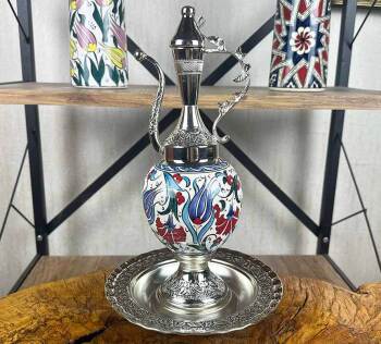 Geleneksel Lale ve Karanfil Desenli İznik Çini İbrik Seti - Çini Evi
