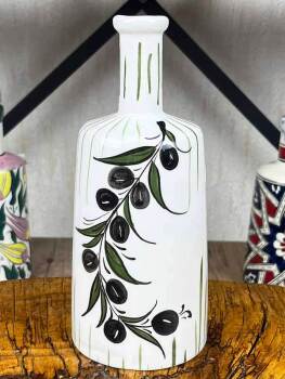 Handgefertigter mediterraner Olivenölspender mit Olivenzweigmotiv 550 ml - Çini Evi