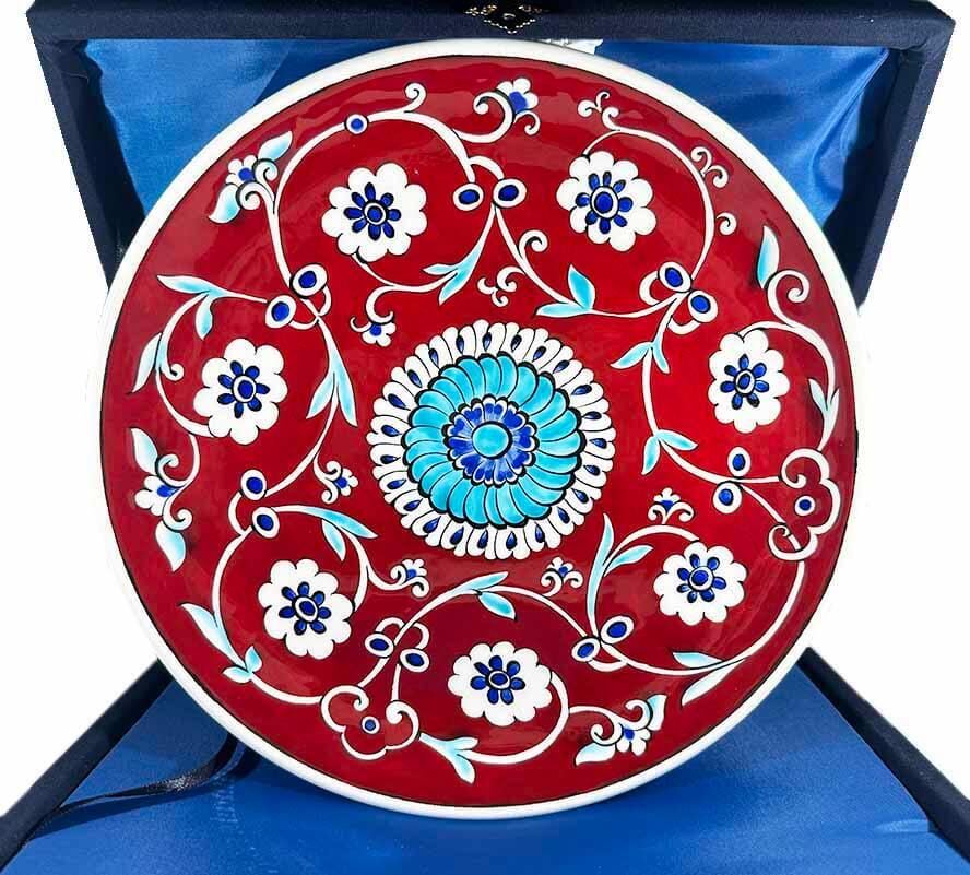 Hayırlı Olsun Hediyesi Kırmızı Zeminli Çiçek Desenli İznik Çini Tabak - 1