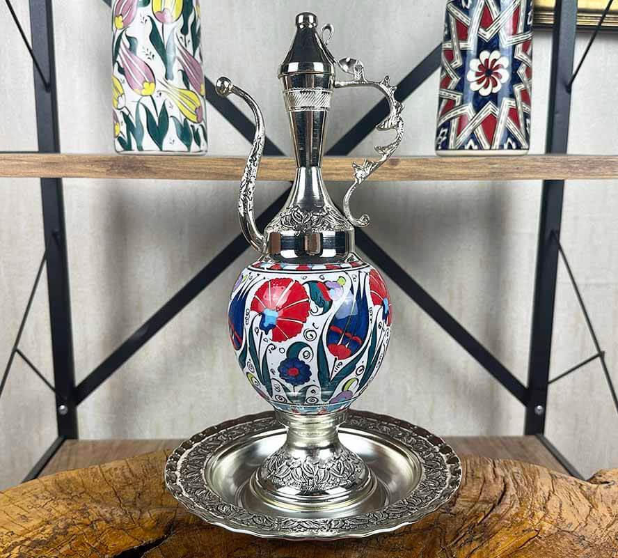 İznik Çiçekleri – Gümüş Kaplama Çini İbrik Seti - 1