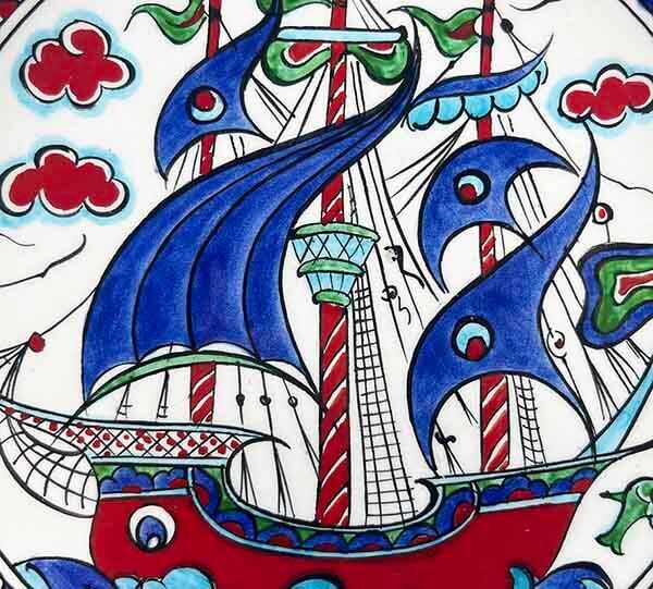 İznik Çini Tabak | Osmanlı Kalyon Motifli 18 cm - 3