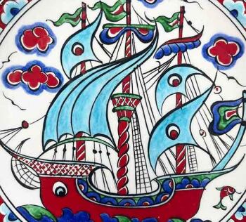 İznik Çini Tabak | Turkuaz Yelkenli Kalyon Motifi 18 cm - 3
