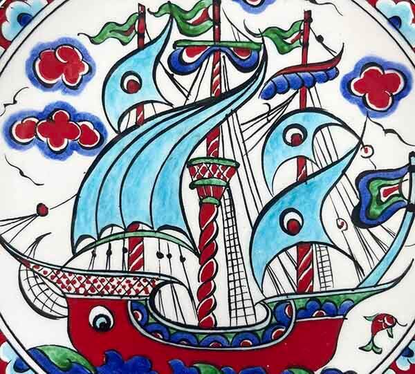 İznik Çini Tabak | Turkuaz Yelkenli Kalyon Motifi 18 cm - 3