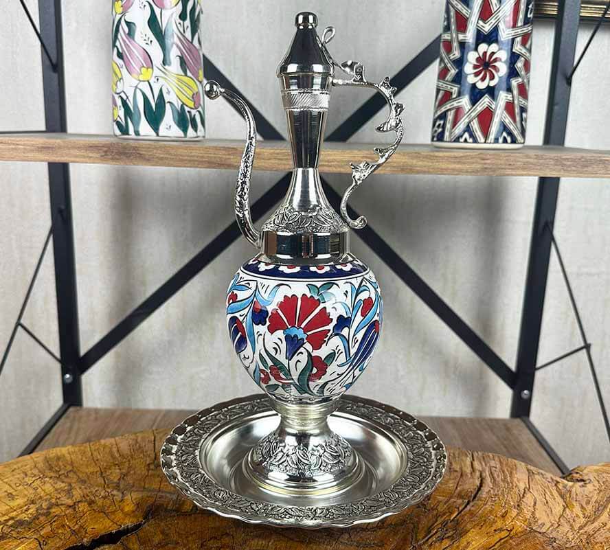 Kırmızı Karanfil Motifli Gümüş Kaplama İznik Çini İbrik Seti - 1