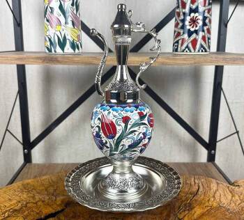 Kırmızı Lale ve Çiçek Motifli İznik Çini İbrik Seti - Çini Evi