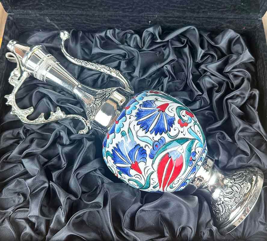 Kırmızı Lale ve Çiçek Motifli İznik Çini İbrik Seti - 3