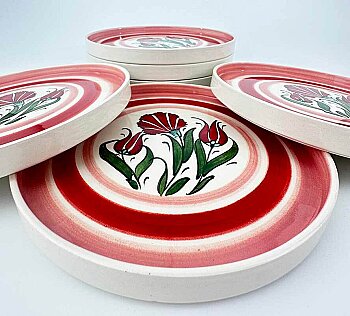 Kırmızı Lale ve Karanfil Desenli 6’lı Seramik Servis Tabağı Seti 19 cm - 2