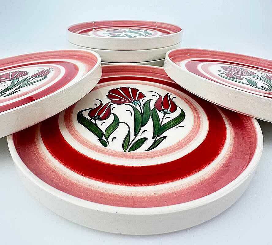 Kırmızı Lale ve Karanfil Desenli 6’lı Seramik Servis Tabağı Seti 19 cm - 2