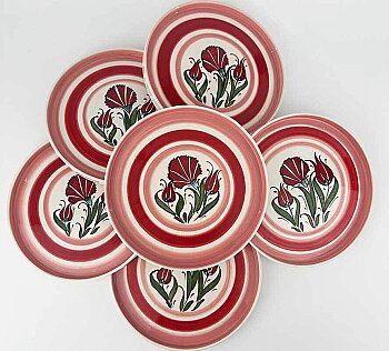 Kırmızı Lale ve Karanfil Desenli 6’lı Seramik Servis Tabağı Seti 19 cm - Çini Evi
