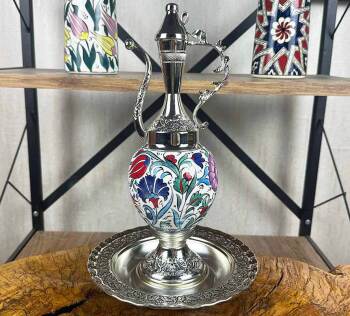 Klasik Bahar Motifli Gümüş Kaplama Çini İbrik Seti - Çini Evi