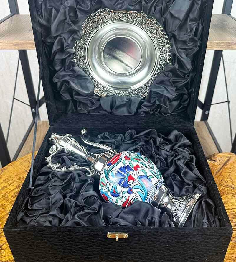 Klasik Bahar Motifli Gümüş Kaplama Çini İbrik Seti - 3