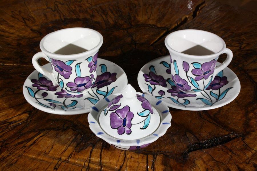 Lotus Çiçeği Desenli Çini Kahve Seti - 1