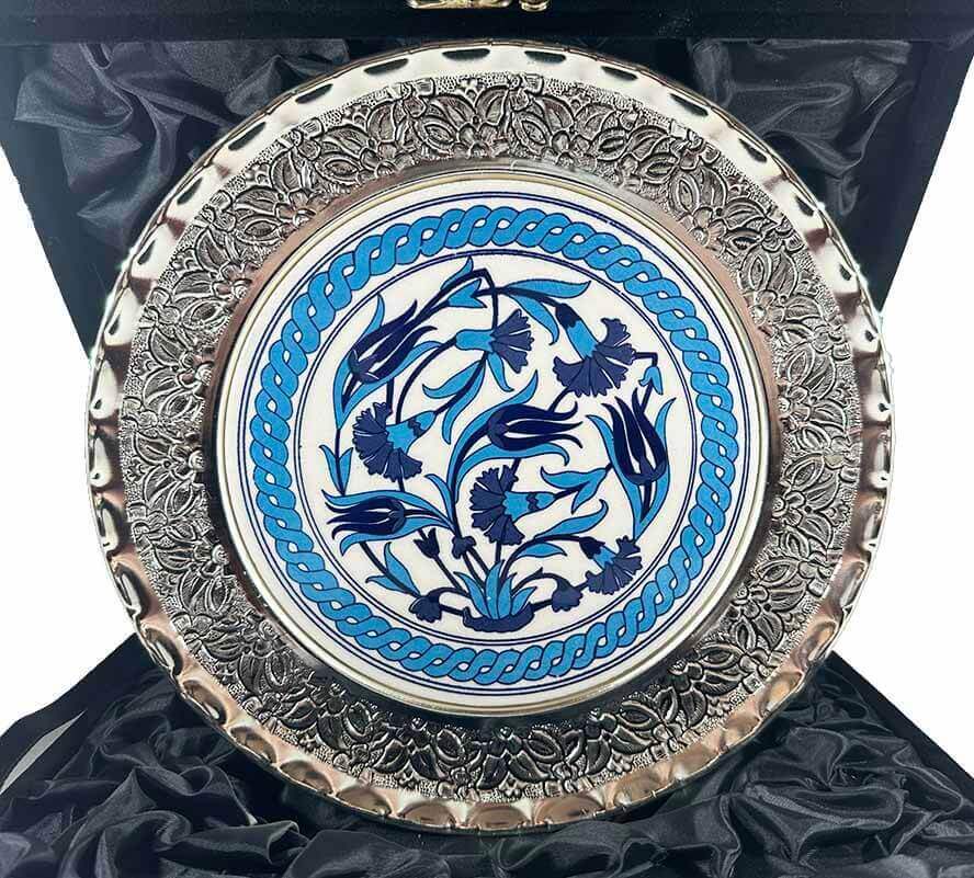 Mavi Lale ve Karanfil Gümüş Tabak 25cm - 1