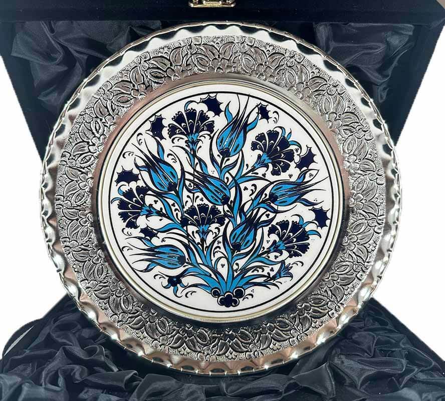 Mavi Lale ve Karanfil Gümüş Tabak 25cm - 1
