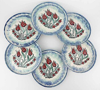 Mavi Zeminli Lale Desenli 6’lı Seramik Sunum Tabağı Seti 19 cm - Çini Evi