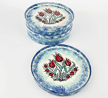 Mavi Zeminli Lale Desenli 6’lı Seramik Sunum Tabağı Seti 19 cm - 2