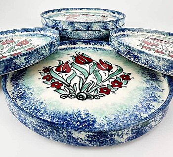 Mavi Zeminli Lale Desenli 6’lı Seramik Sunum Tabağı Seti 19 cm - 3