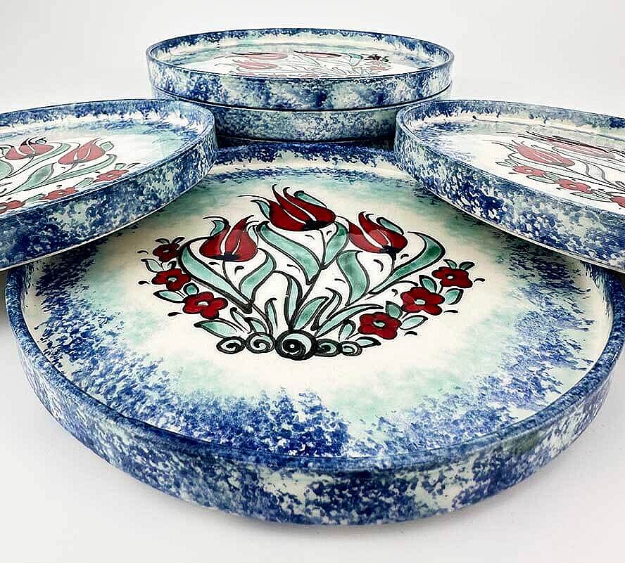 Mavi Zeminli Lale Desenli 6’lı Seramik Sunum Tabağı Seti 19 cm - 3
