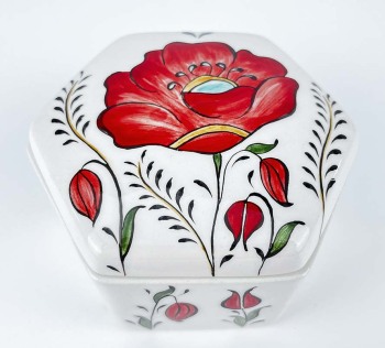Sechseckige Keramikdose mit Mohnblumen – Geschenk für Braut & Hochzeit - Çini Evi