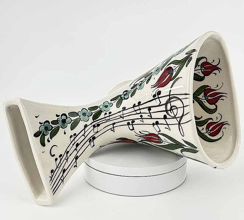 Müzikseverlere Özel Lale ve Notalar Seramik Gramofon – Akustik Telefon Hoparlörü - 2