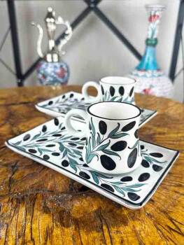 Set de présentation pour café en céramique d’Iznik à motif de branche d’olivier – design institutionnel - 2