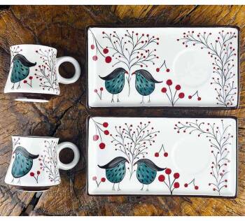 Set de présentation pour café en céramique d’Iznik Oiseau de sagesse et de paix - Çini Evi