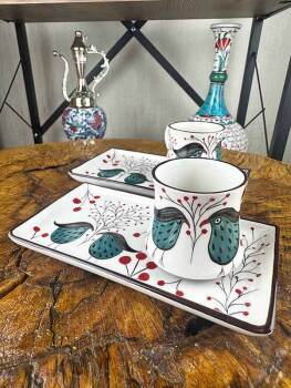 Set de présentation pour café en céramique d’Iznik Oiseau de sagesse et de paix - 2