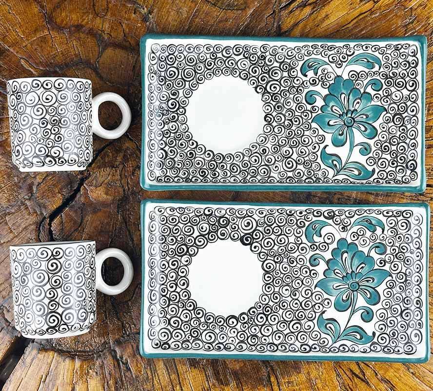 Turkuaz Hatayi ve Haliç Desenli İznik Çini Kahve Sunum Seti – Minimal & Sanatsal - 1