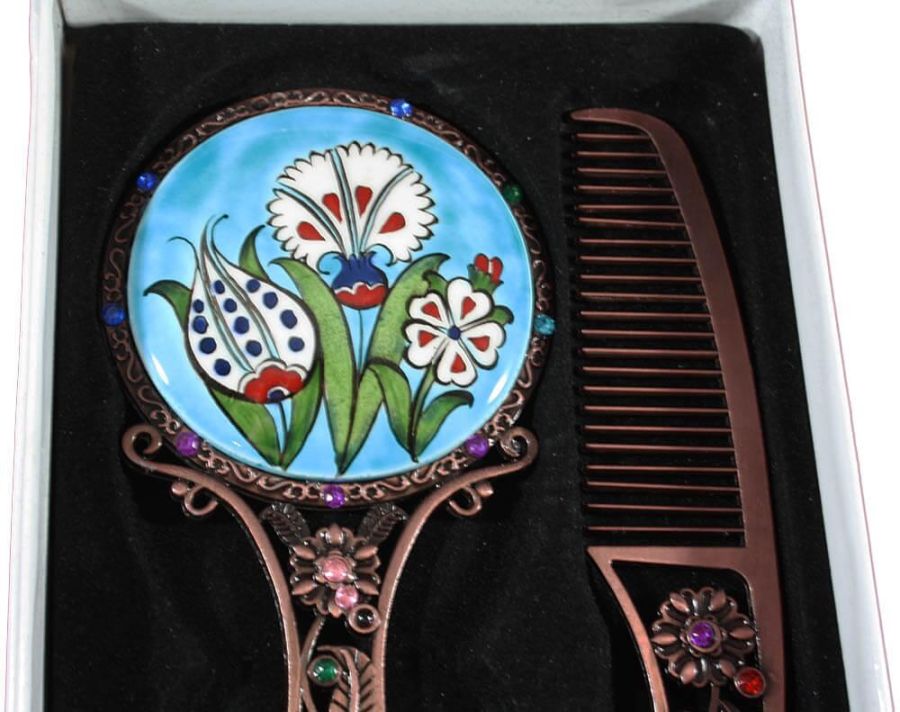 Turkuaz Zemin Bahar Desenli Ayna Set - 1