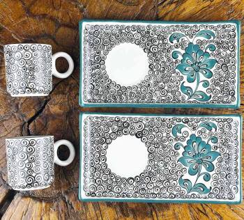 Turquoise Hatayi and Halic Pattern Iznik Ceramic Coffee Presentation Set - Minimal and Artistic - Çini Evi