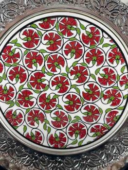 Zarafetin Simgesi Karanfil Motifli Gümüş Tabak 25cm - Çini Evi (1)